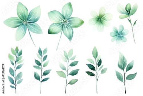 Mint green several pattern flower, sketch, illust, abstract watercolor © Celina