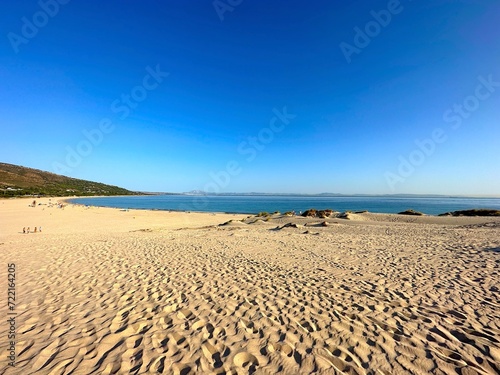 large sand dune of Valdevaqueros in Andalusia with a view to the Atlantic Ocean, Morocco at the horizon, Tarifa, Costa de la Luz, province of Cádiz, Spain, Travel, Tourism