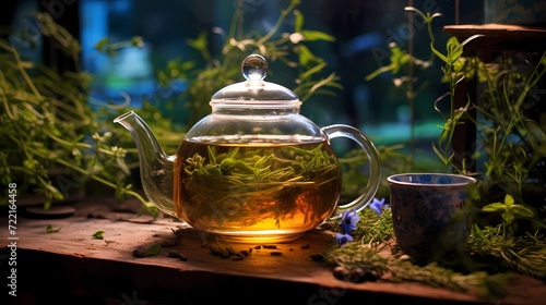 A herbal tea brewing in a transparent teapot surrounded by fresh herbs, creating a soothing scene associated with health and beauty