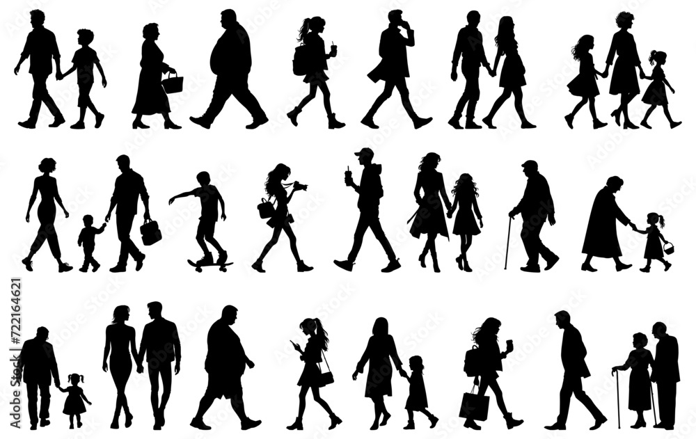 Obraz premium Vector illustration. Set of silhouettes of walking people. Walk. Sticker. Minimalism.
