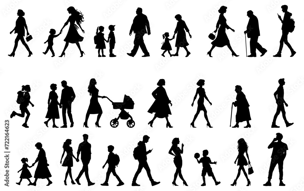 Obraz premium Vector illustration. Set of silhouettes of walking people. Walk. Sticker. Minimalism.