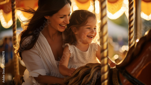 Mother and child share joyful smiles on a sunny carousel ride, embracing the warmth of a summer day.