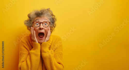 Old senior woman surprise. Portrait of an old senior elder woman in yellow sweater feeling shock or surprise on yellow background. Surprised Mature Woman with Glasses © Nataliia_Trushchenko