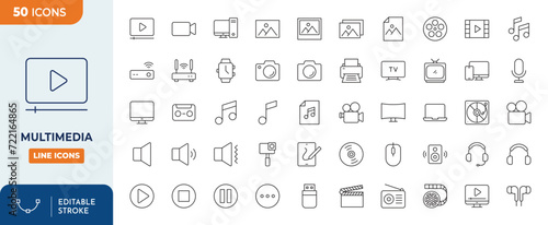 Multimedia Line Editable Icons set. Multimedia icons Pixel perfect. Containing photo, video, music, audiovisual equipment, and more. Editable stroke. Vector illustration	