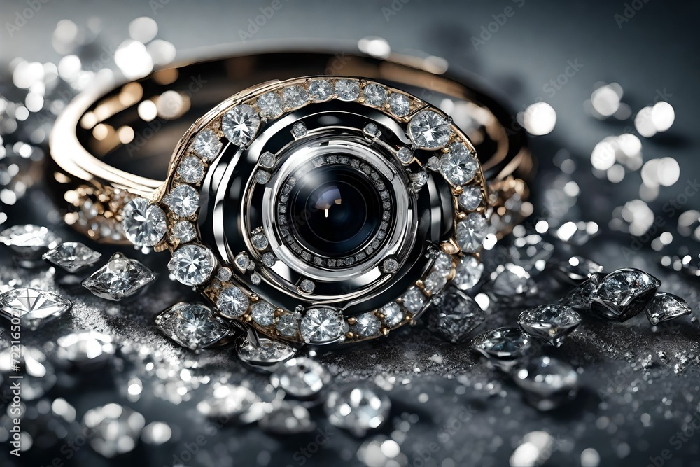 A top-down view capturing the elegance of a classic diamond ring, the high-definition camera emphasizing the craftsmanship and reflective surfaces in stunning A top-down view capturing the elegance of a classic diamond ring, the high-definition camera emphasizing the craftsmanship and reflective surfaces in stunning