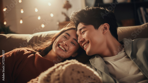 A young couple shares a cozy moment on the couch, radiating warmth and joy.