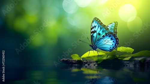 beautiful butterfly on a green branch, water on the background bokeh effect 