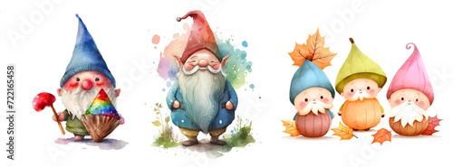 Cheerful forest gnomes with gray beards and funny caps. Watercolor clipart bundle on a white background. © flipper1971