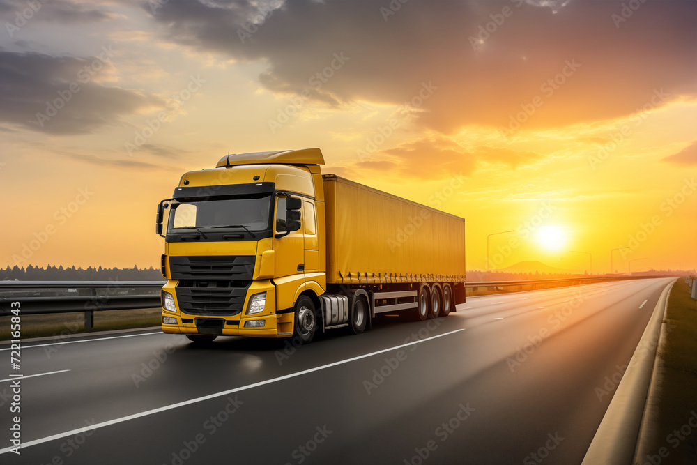 At sunset, semi truck is pulling a trailer container on an asphalt highway for transportation of cargo AI Generation