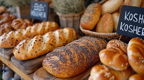 Delicious loaves of bread in a bakery on a showcase. Various types of buns loaves, baguettes. Rye, buckwheat, bran, gluten-free, wheat bread on bakery shelves. Confectionery, private bakery in store