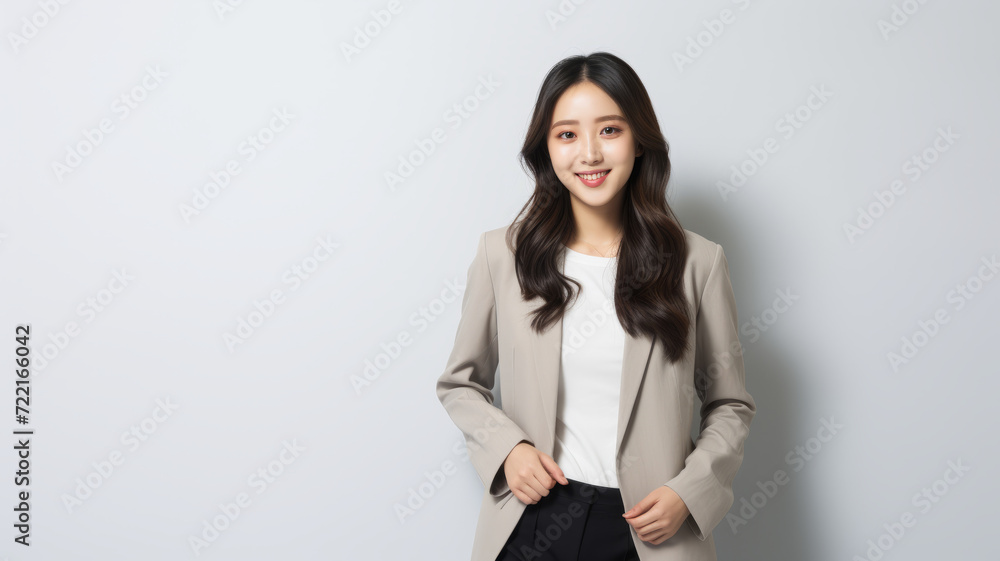 Engaging Korean student with charming smile, sleek black hair, donning blazer over white tee and jeans, in well-lit studio. Engaging Korean student with charming smile, sleek black hair, donning blazer over white tee and jeans, in well-lit studio.