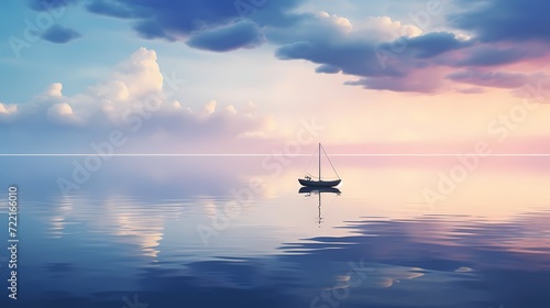 A lone boat sailing on a calm and reflective ocean. photo
