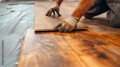 worker joining vinyl floor covering at home renovation. photo