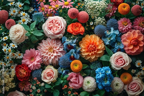 Overhead shot of a white blank card being framed by blooming flowers in various colors