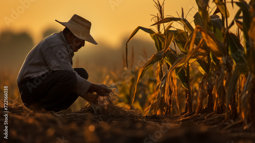 A diligent farmer works in a bountiful cornfield, surrounded by swaying crops and the scent of harvest season. © SashaMagic