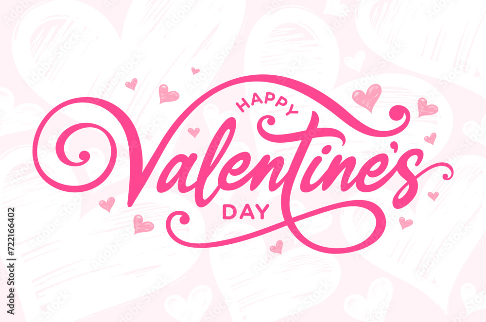 Valentines day banner printable, card, background 
with Happy Valentines day text, hand lettering typography, cursive, words, badge, icon, vector with Heart outline clipart, pink