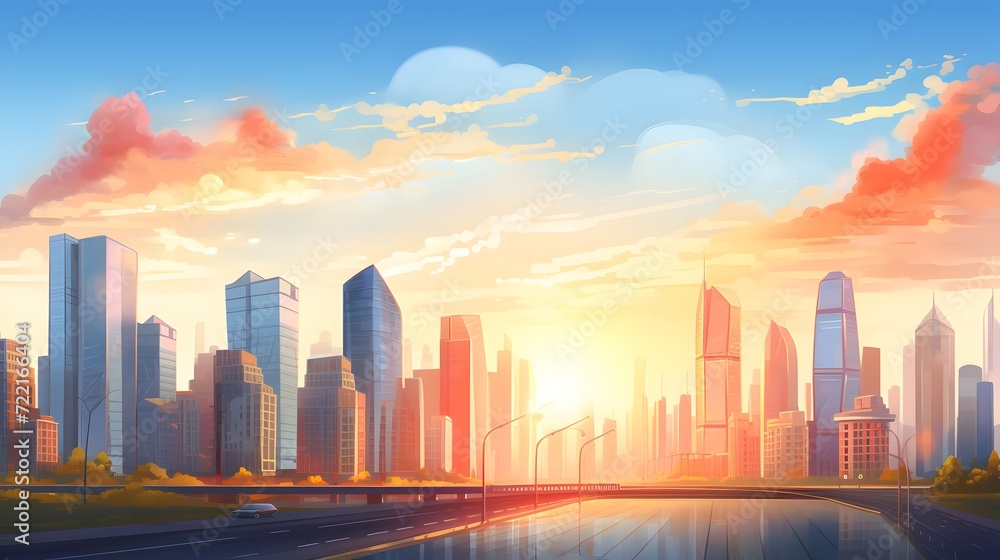 Cityscape with skyscraper building and morning sunlight. Riverfront city with orange sunrise. Urban modern building. Crowded with apartment building. Urban skyline. Capital city. Residential building.