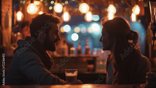 In a cozy cafe, a couple converses at the bar, bathed in warm and inviting lighting.