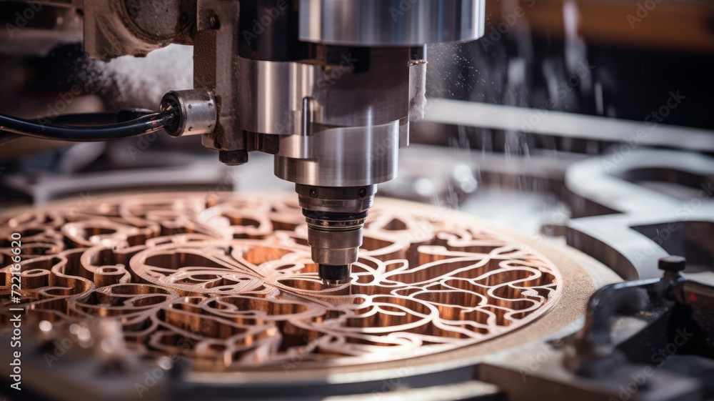 CNC machinery carves intricate details, showcasing modern manufacturing craftsmanship.
