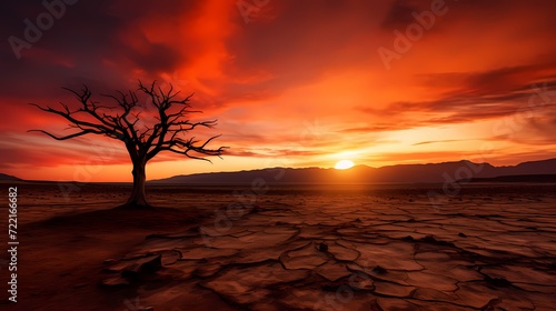 A lone desert tree silhouetted against a fiery sunset, standing resilient in the midst of the barren landscape