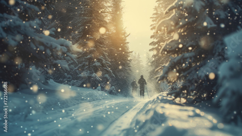 Friends skiing in soft, natural lighting with snowy surroundings and tall pine trees.