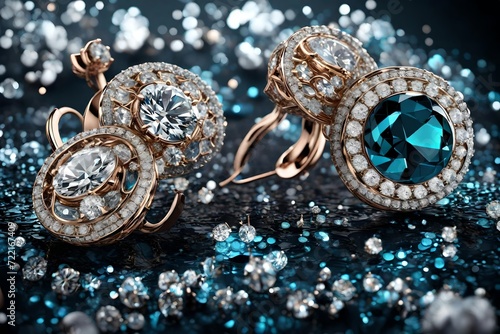 An artistic composition showcasing a variety of diamond earrings, the high-definition camera highlighting their unique designs and sparkling allure in vivid