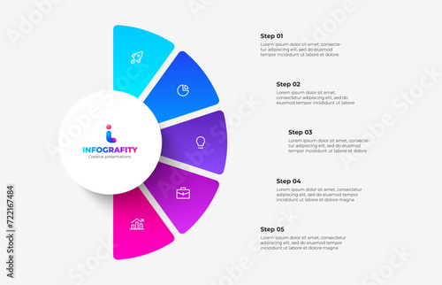 Semicircle pie chart divided into 5 parts. Concept of five step infographic