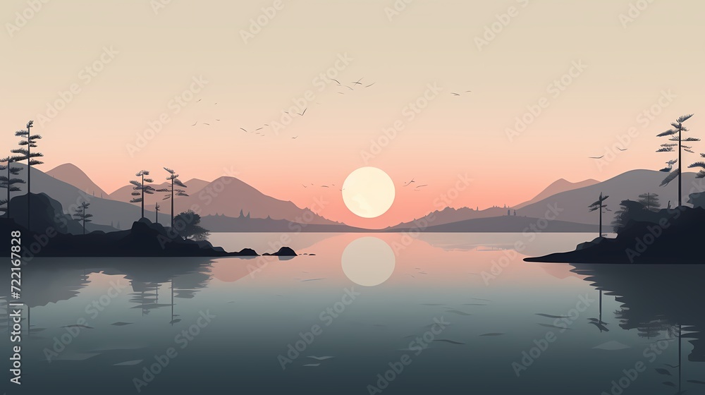 A minimalist depiction of a tranquil lake at dusk.