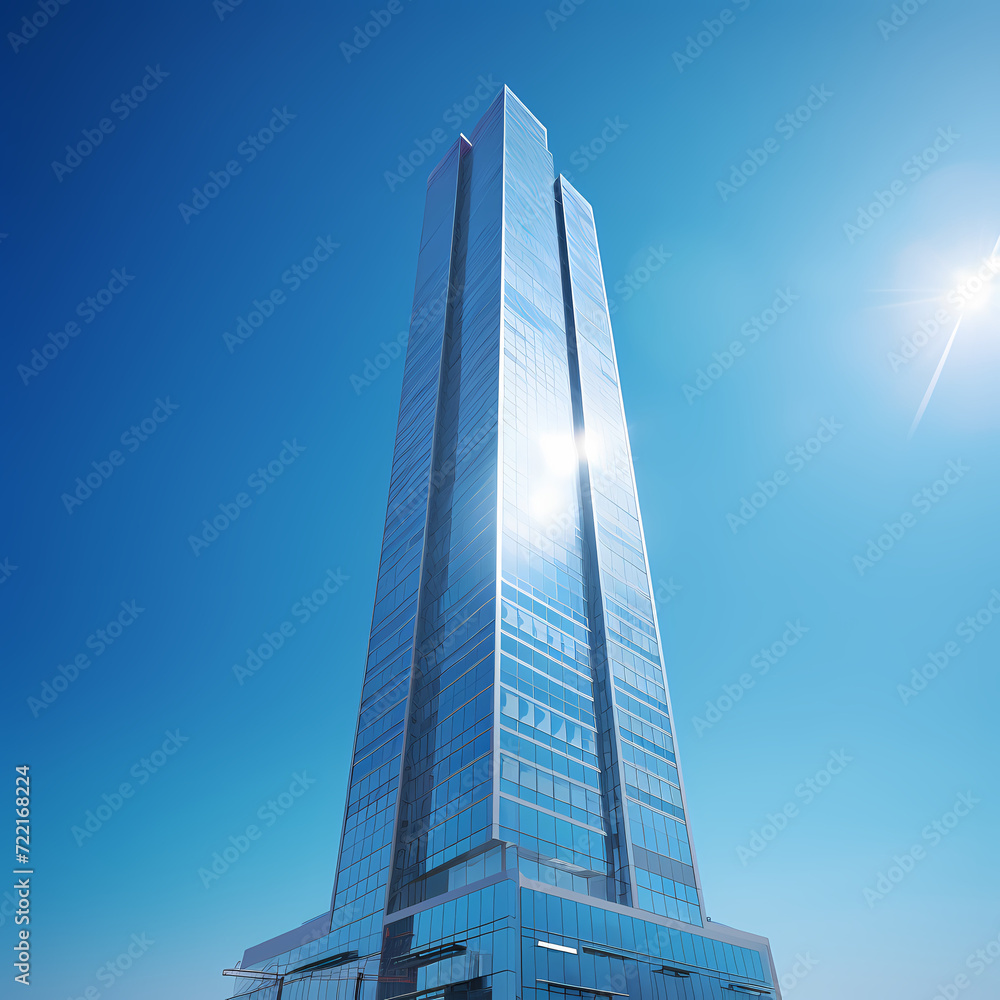 A modern skyscraper against a clear blue sky. 