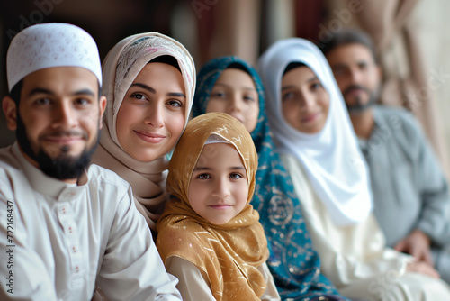 Muslim family  portrait of happy parents and kids  Ramadan celebration