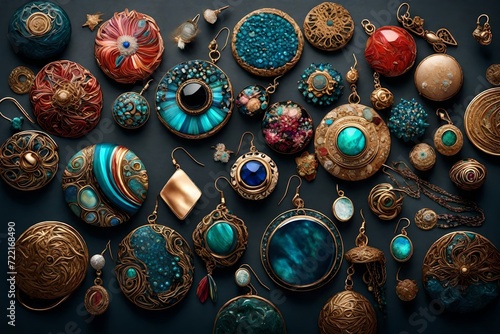 An artistic composition featuring a collection of diverse earrings  the high-definition camera highlighting their unique designs and textures in vivid