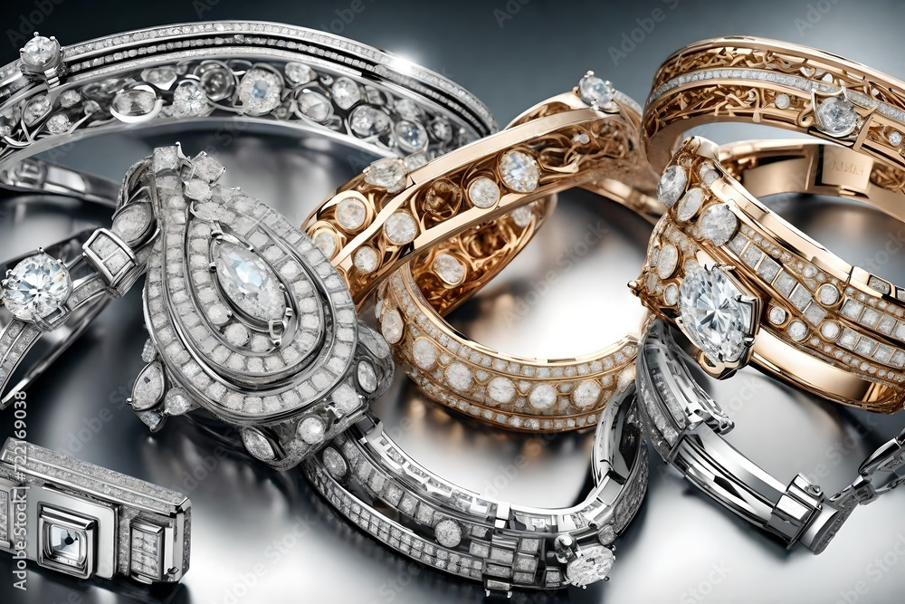 Obraz premium An artful composition showcasing a variety of diamond bracelets, the high-definition camera highlighting their unique designs and luxurious allure in vivid