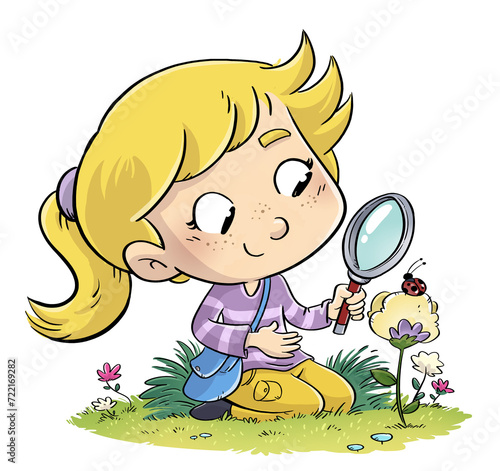 Illustration of a girl exploring with magnifying glass in nature