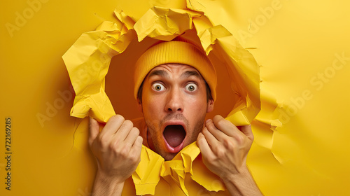 Unexpected Surprise: A Surprised Male Face Peeks Through a Paper Hole, Demonstrating Astonishment. The Young Man, Wearing a Yellow Headgear, Creates the Slot in the Background with His Hands