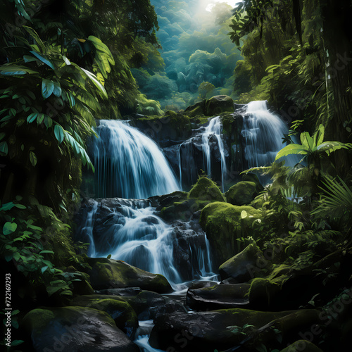 A cascading waterfall in a lush tropical rainforest