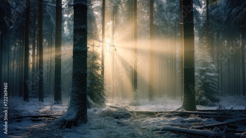 Sunrise and beautiful winter season in the forest.