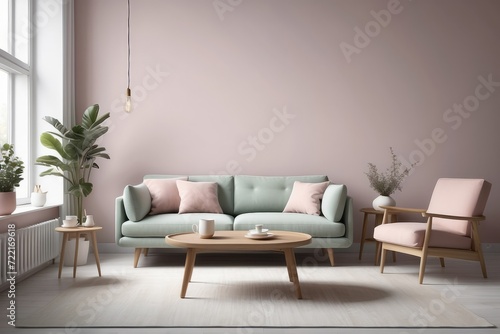Scandinavian style interior with sofa and coffe table. Empty wall mock up in minimalist interior with pastel color © Dhiandra