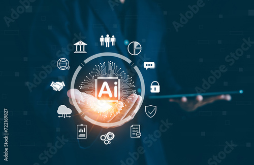Man use AI to help analytics, Technology and people concept, AI experts, AI Learning and Artificial Intelligence concept, Business, internet and networking concept, AI technology in everyday life.