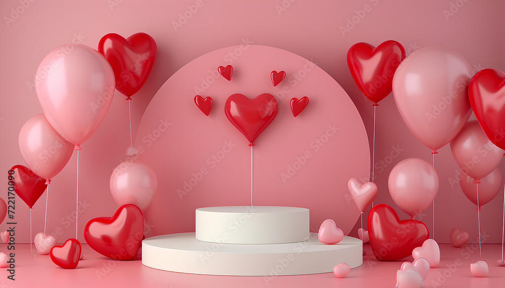red and pink hearts like balloons and podium on pink background red and pink hearts like balloons and podium on pink background