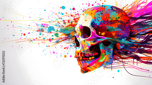 Brightly colored skull faces contrast freely in a punk style..​