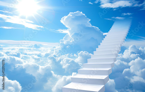 white steps of the staircase leading into white clouds on the blue sky