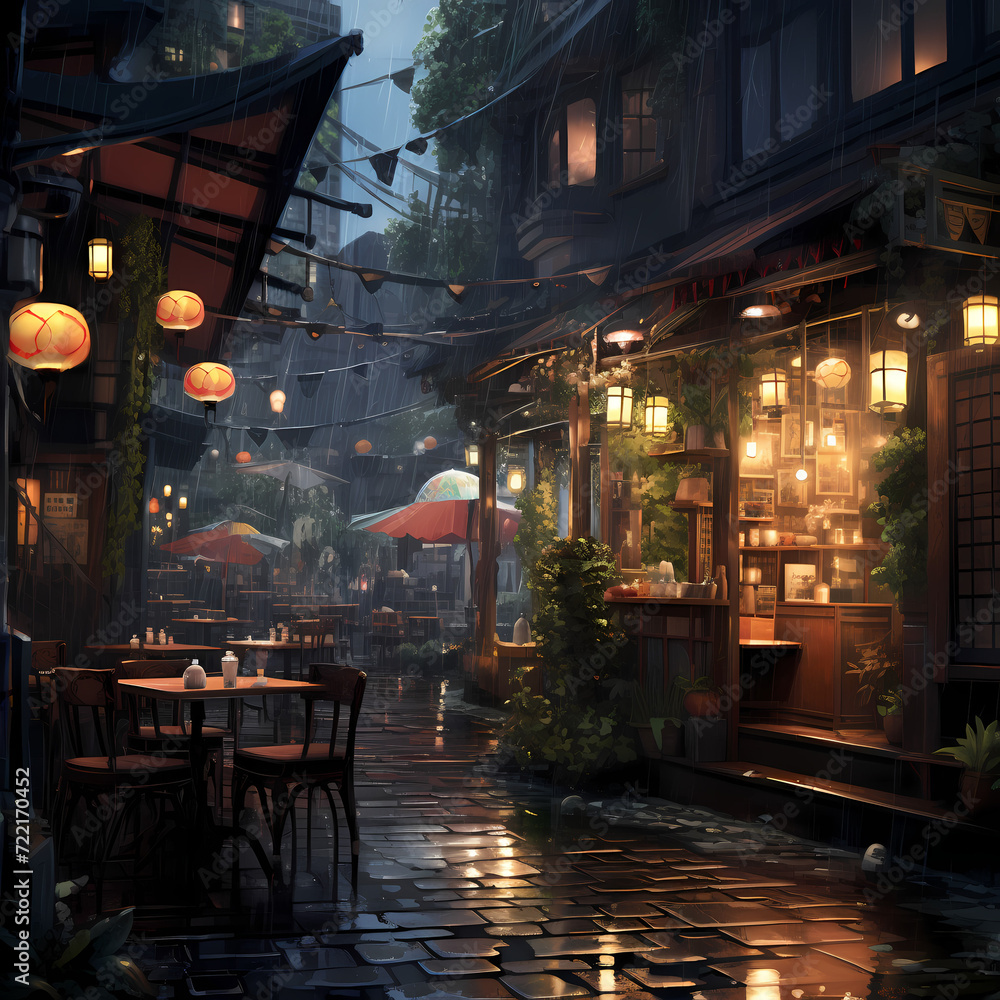 A cozy coffee shop in a rainy alley. 