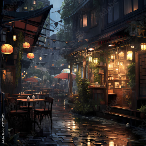 A cozy coffee shop in a rainy alley. 