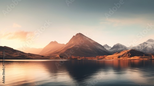 Lake in golden hour with mountains in the backdrop