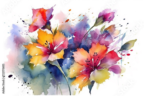 Fototapeta Naklejka Na Ścianę i Meble -  Nature concept. Colorful flowers in watercolor drawing style and white background with copy space