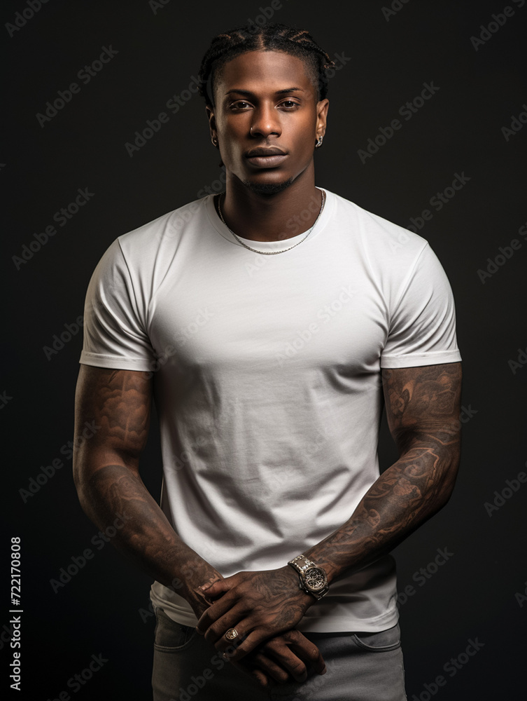 Mockup of a black man with tattoos wearing a white T-shirt, vertical image Mockup of a black man with tattoos wearing a white T-shirt, vertical image