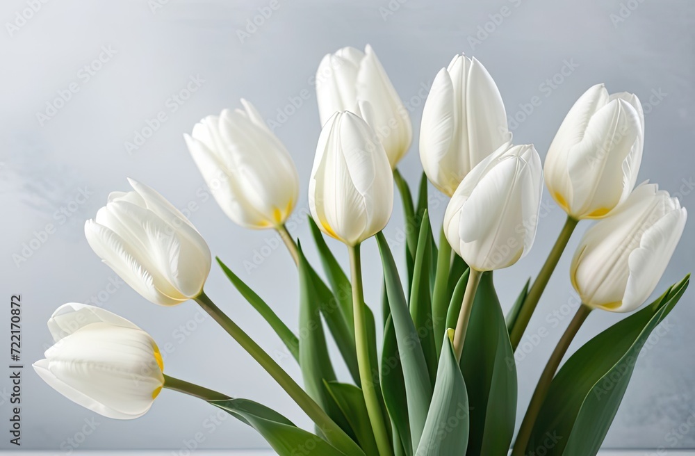 A bouquet of nine white tulips in the middle of the frame on a light gray background, backlit flowers, banner A bouquet of nine white tulips in the middle of the frame on a light gray background, backlit flowers, banner