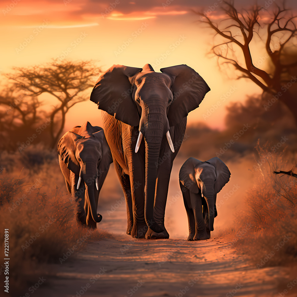 A family of elephants walking through a savannah.