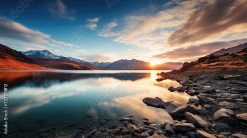 Lake in golden hour with mountains in the backdrop © tydeline