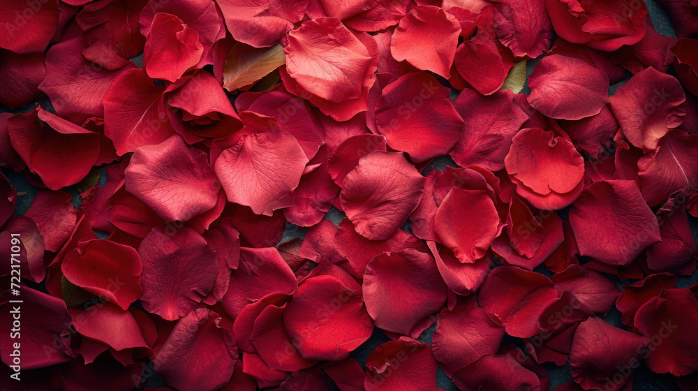 top view image of intricate red rose petals, creating visually stunning composition. Perfect for romantic occasions, valentines, weddings, and more. Explore the beauty of love in every detail.